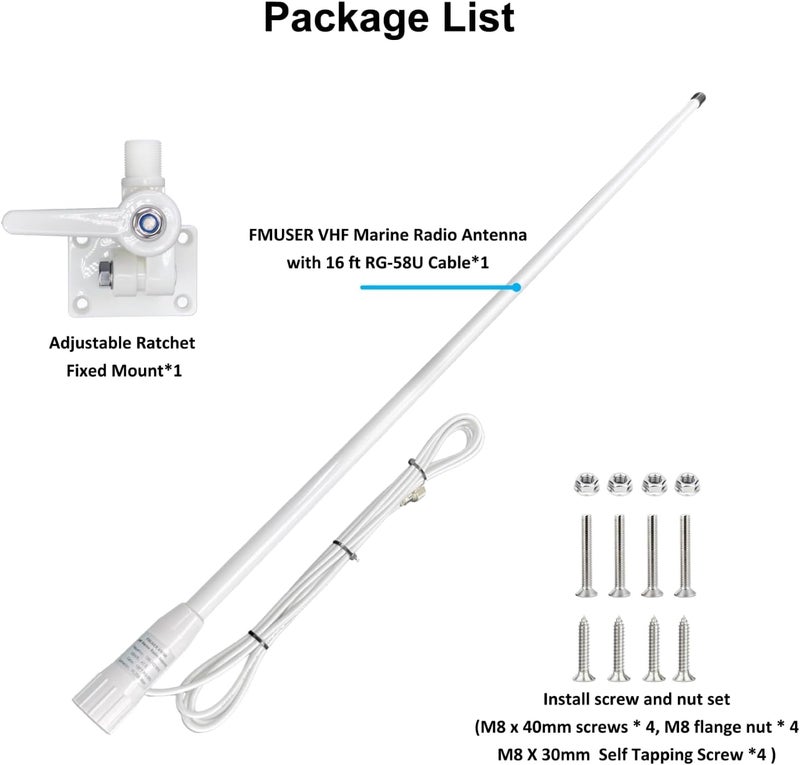 fmuser VM100 VHF Marine Radio Antenna,44 Inch Waterproof Fiberglass Boat Antenna with Adjustable Ratchet Fixed Mount and 16 ft RG-58U Cable - Image 4